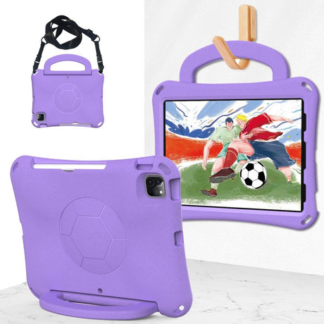 EIDERWOOD iPad Air 10.9" (2022 / 2020) / Pro 11" (2024-2018) Børne Cover m. Ståfunktion & Håndtag - Fodbold - Lilla