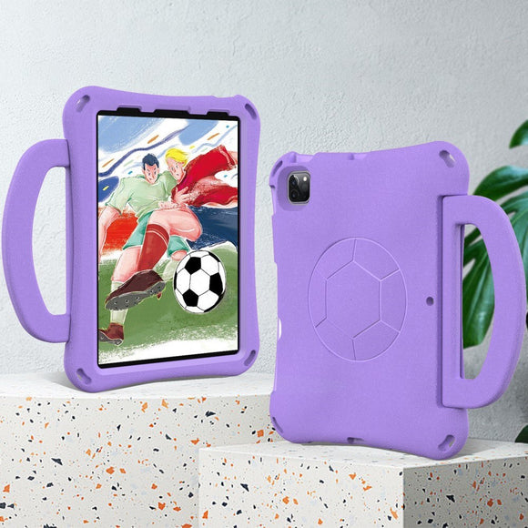 EIDERWOOD iPad Air 10.9" (2022 / 2020) / Pro 11" (2024-2018) Børne Cover m. Ståfunktion & Håndtag - Fodbold - Lilla