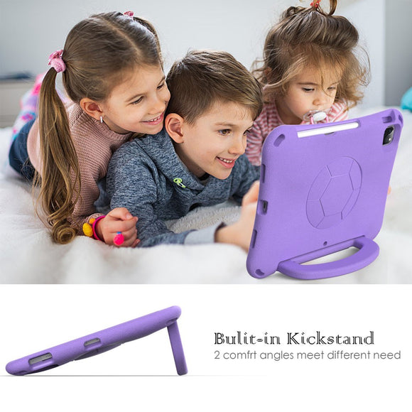 EIDERWOOD iPad Air 10.9" (2022 / 2020) / Pro 11" (2024-2018) Børne Cover m. Ståfunktion & Håndtag - Fodbold - Lilla