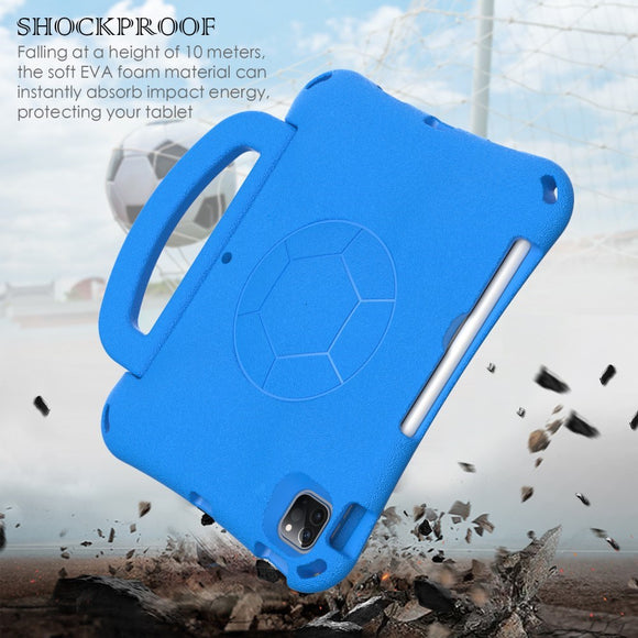 EIDERWOOD iPad Air 10.9" (2022 / 2020) / Pro 11" (2024-2018) Børne Cover m. Ståfunktion & Håndtag - Fodbold - Blå
