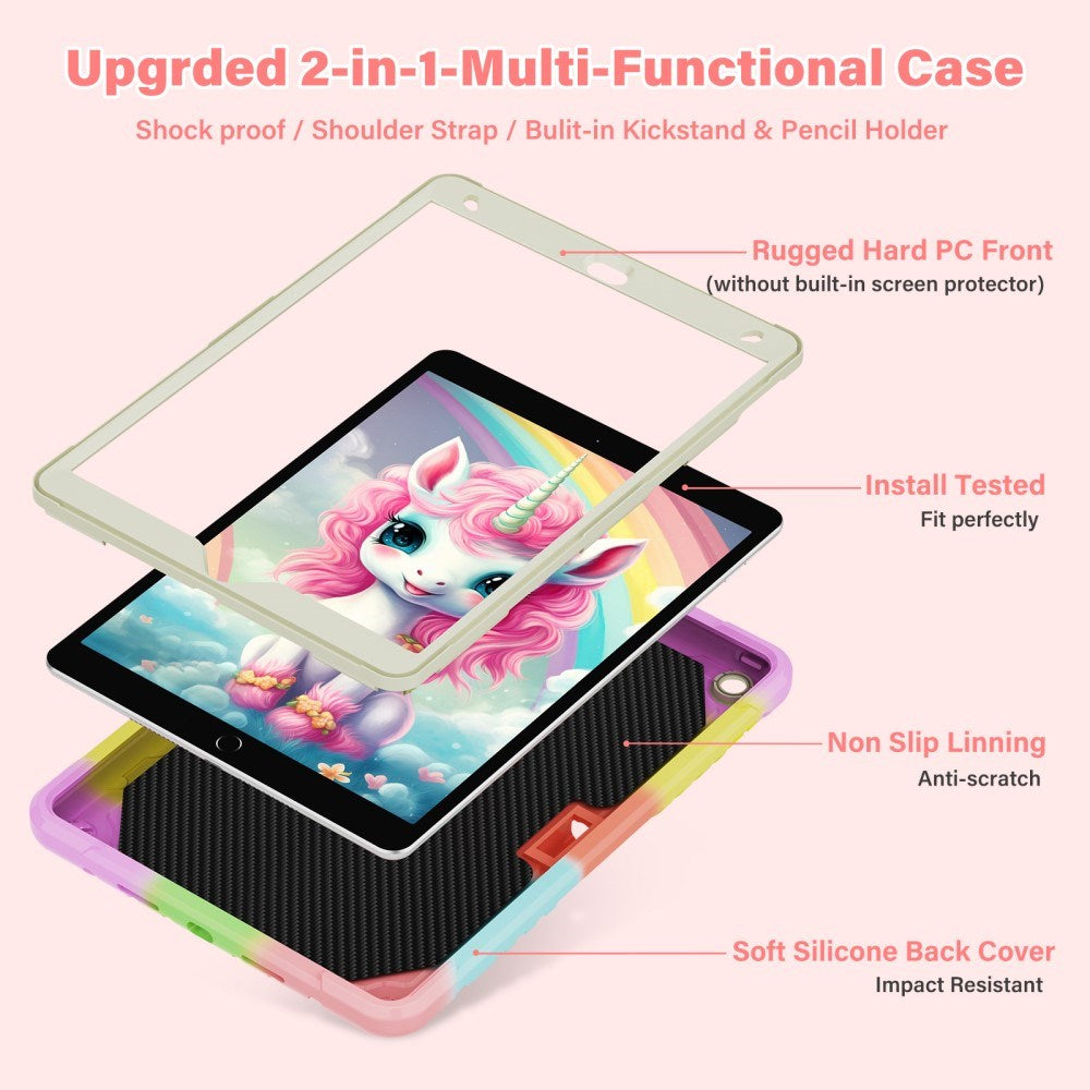 EIDERWOOD iPad 10.2" (2021 / 2020 / 2019) Børne Cover - Unicorn Kickstand Cover - Regnbue / Beige