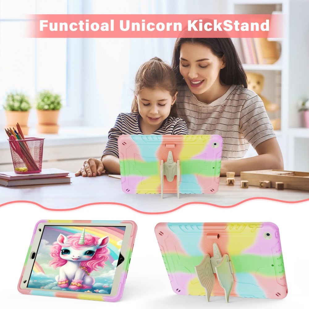 EIDERWOOD iPad 10.2" (2021 / 2020 / 2019) Børne Cover - Unicorn Kickstand Cover - Regnbue / Beige