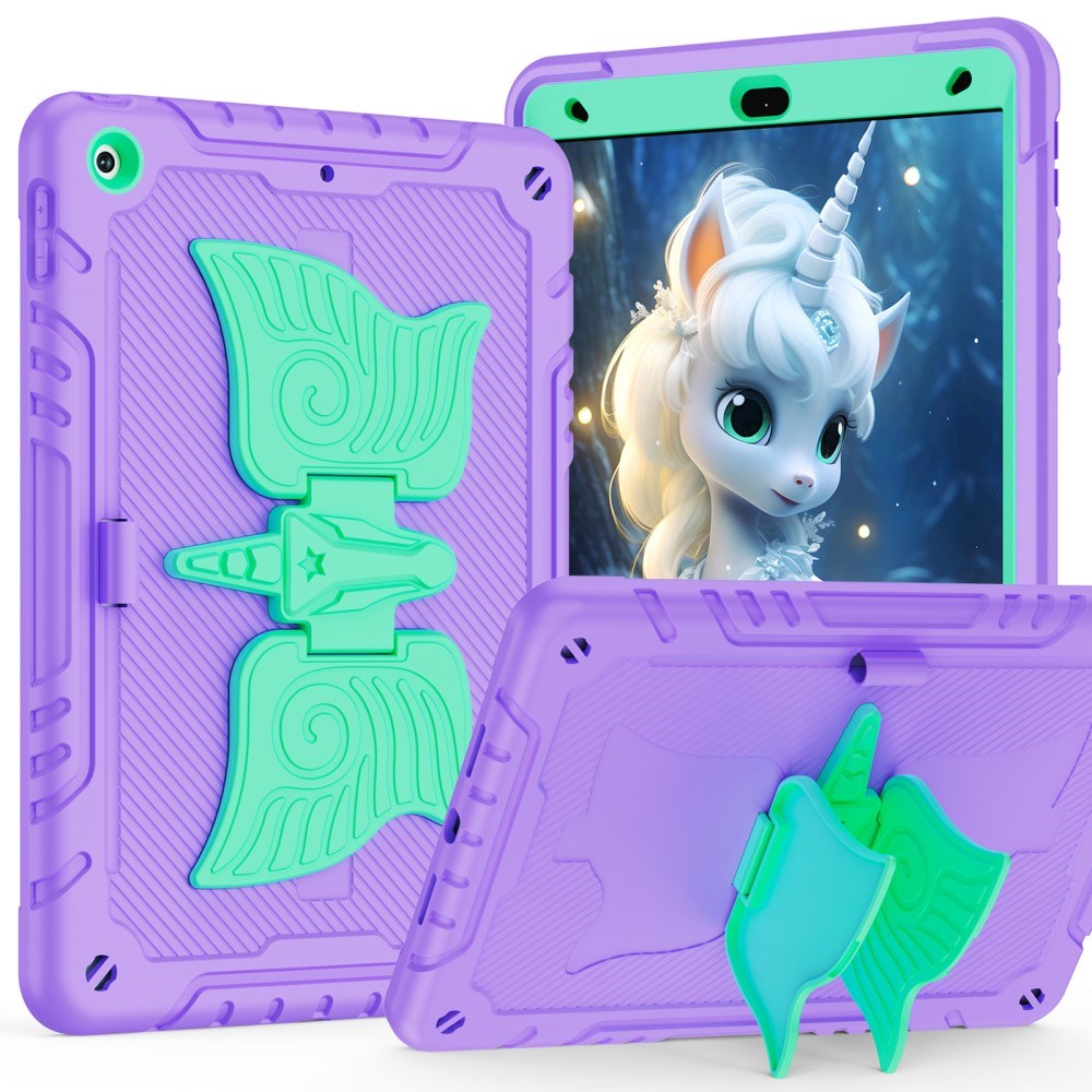 EIDERWOOD iPad 10.2" (2021 / 2020 / 2019) Børne Cover - Unicorn Kickstand Cover - Lilla / Grøn