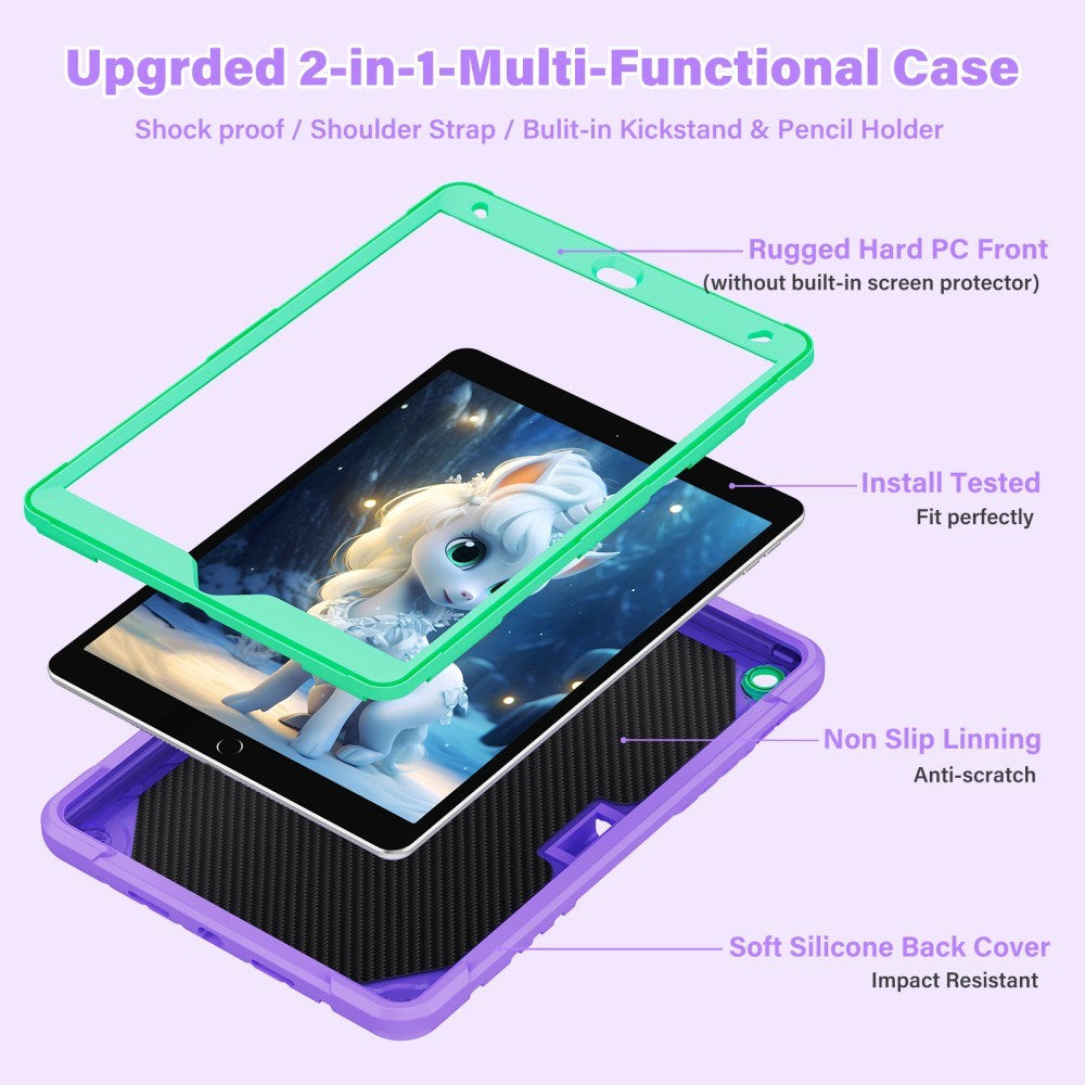 EIDERWOOD iPad 10.2" (2021 / 2020 / 2019) Børne Cover - Unicorn Kickstand Cover - Lilla / Grøn