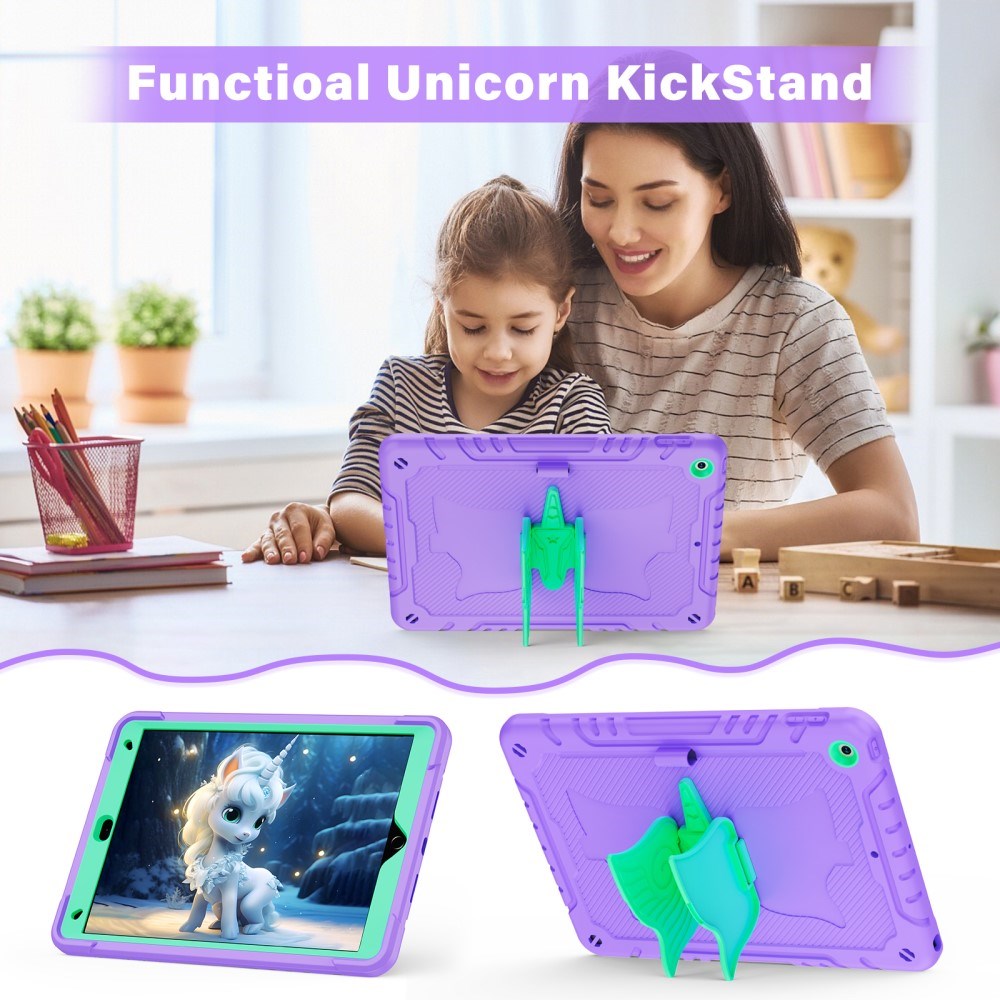 EIDERWOOD iPad 10.2" (2021 / 2020 / 2019) Børne Cover - Unicorn Kickstand Cover - Lilla / Grøn
