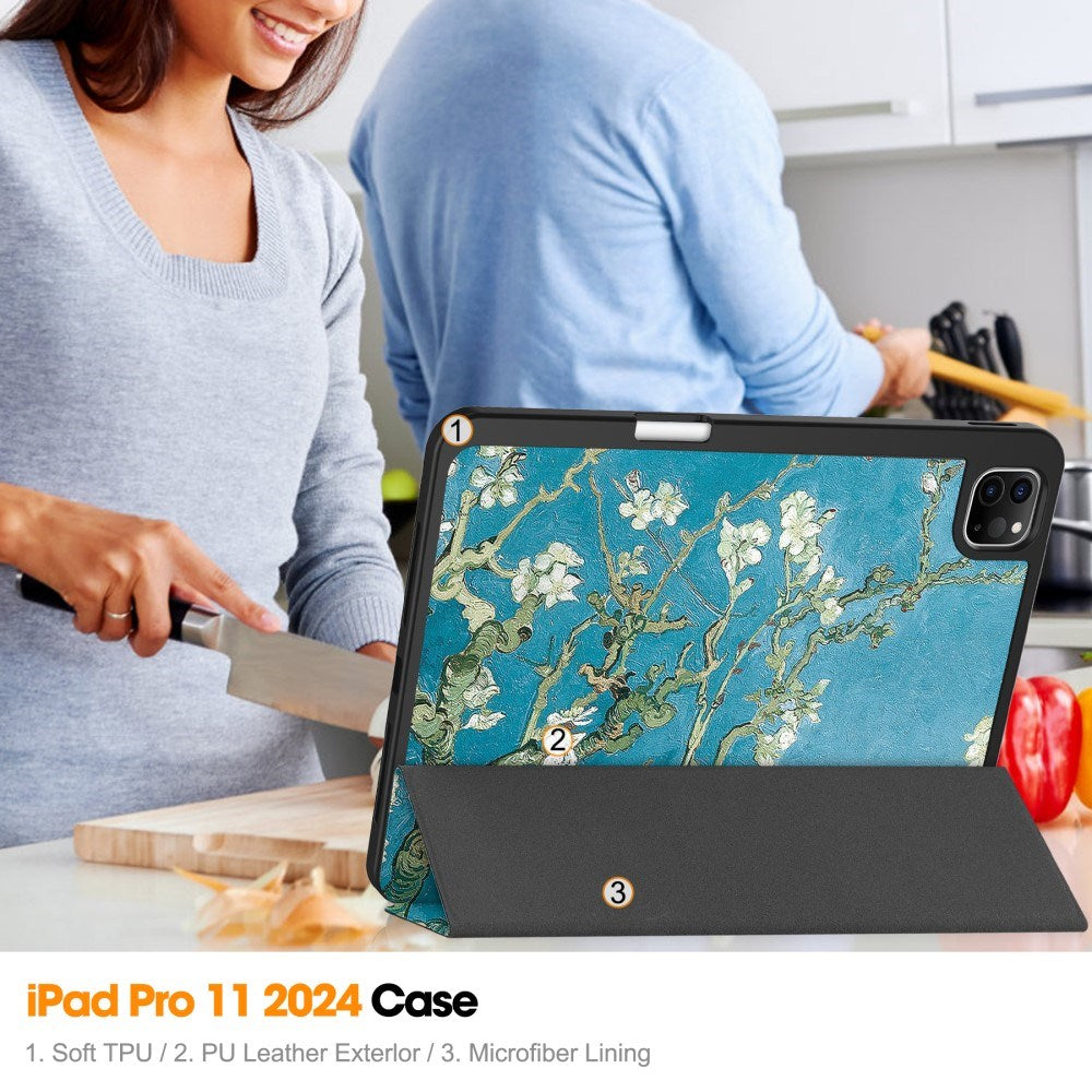 EIDERWOOD iPad Pro 11" (2025 / 2024) Tri-Fold Kunstlæder Cover m. Vågeblus Funktion - Blomster