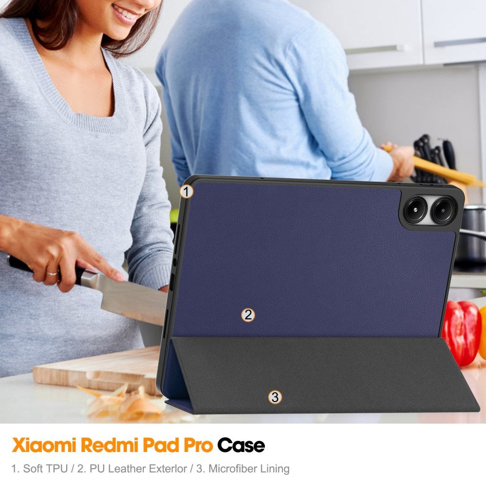 EIDERWOOD Xiaomi Redmi Pad Pro Tri-Fold Kunst Læder Cover m. Stylus Pencil Holder - Blå