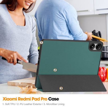 EIDERWOOD Xiaomi Redmi Pad Pro Tri-Fold Kunst Læder Cover m. Stylus Pencil Holder - Grøn