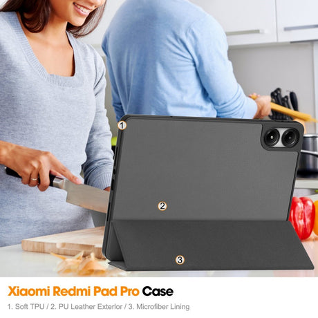 EIDERWOOD Xiaomi Redmi Pad Pro Tri-Fold Kunst Læder Cover m. Stylus Pencil Holder - Grå