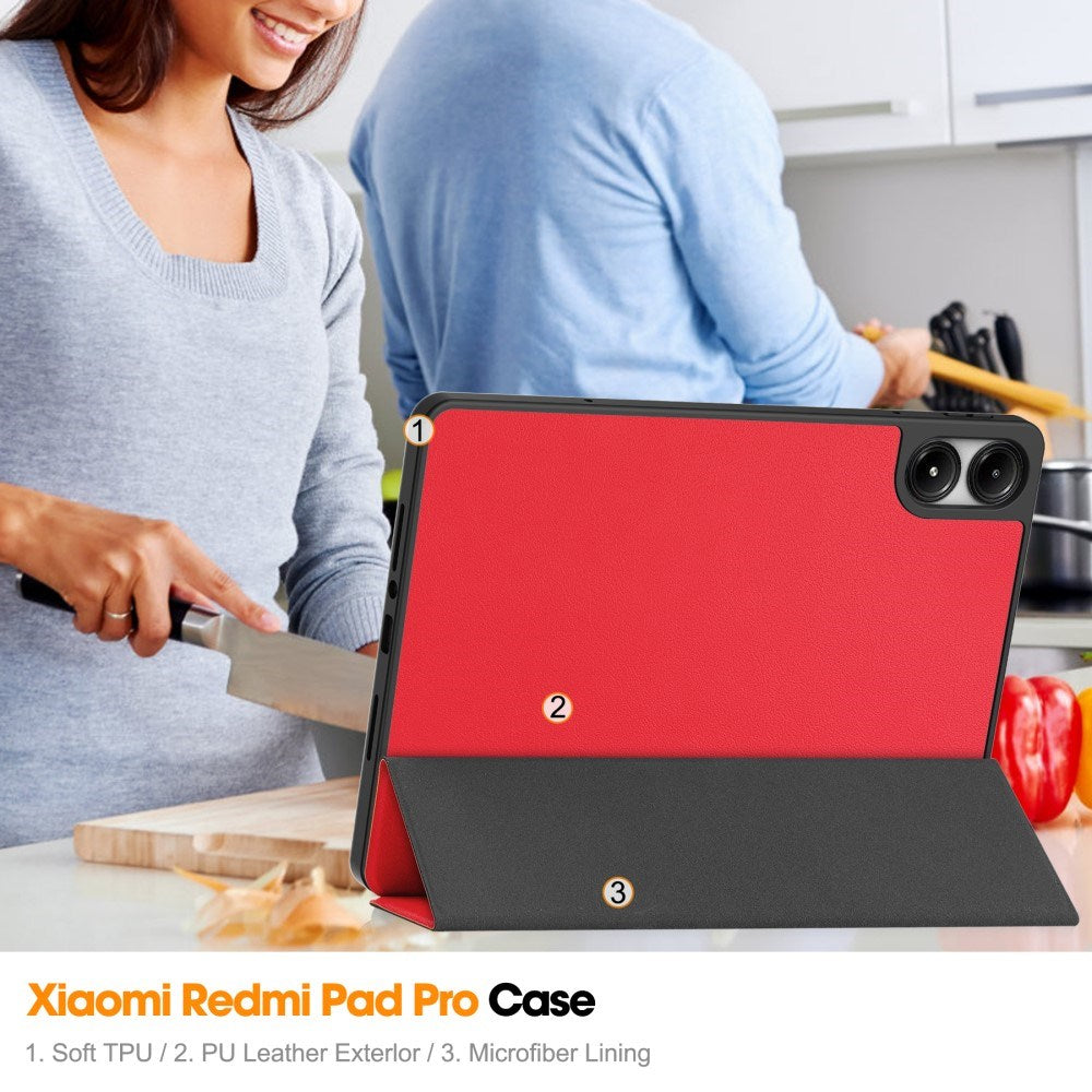 EIDERWOOD Xiaomi Redmi Pad Pro Tri-Fold Kunst Læder Cover m. Stylus Pencil Holder - Rød