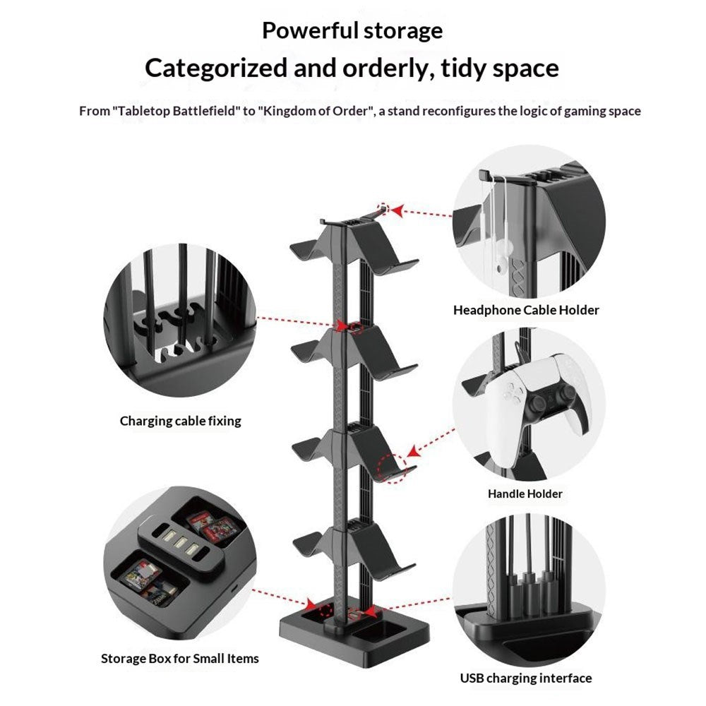 Universal Holder til 8 x Spillekonsoller m. 3 x USB-A - Sort