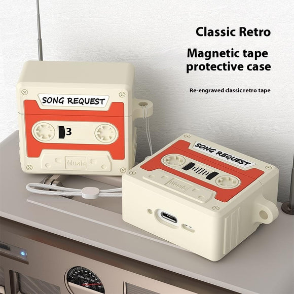 Airpods 4 Retro Kassettebånd Afspiller Silikone Cover - Orange/Beige