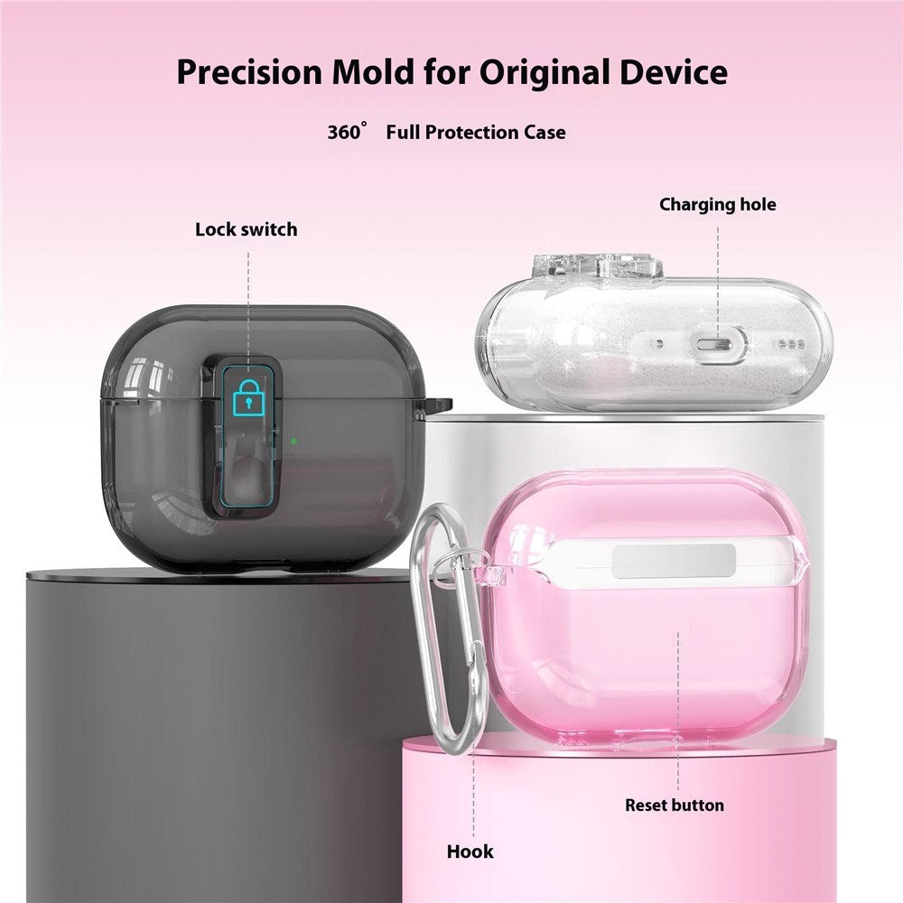 Apple AirPods Pro (3. gen.) Hybrid Plastik Cover m. Karabinhage - Gennemsigtig Glitter / Lyserød