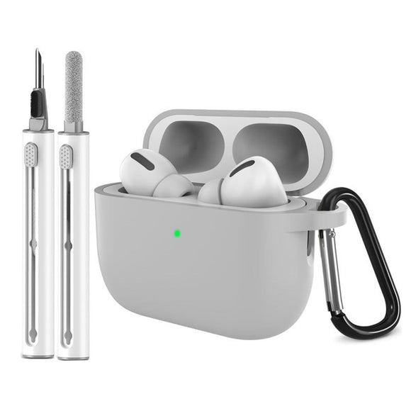 Apple AirPods Pro (3. gen.) Silikone Cover m. Karabinhage & Rengøringspen - Grey
