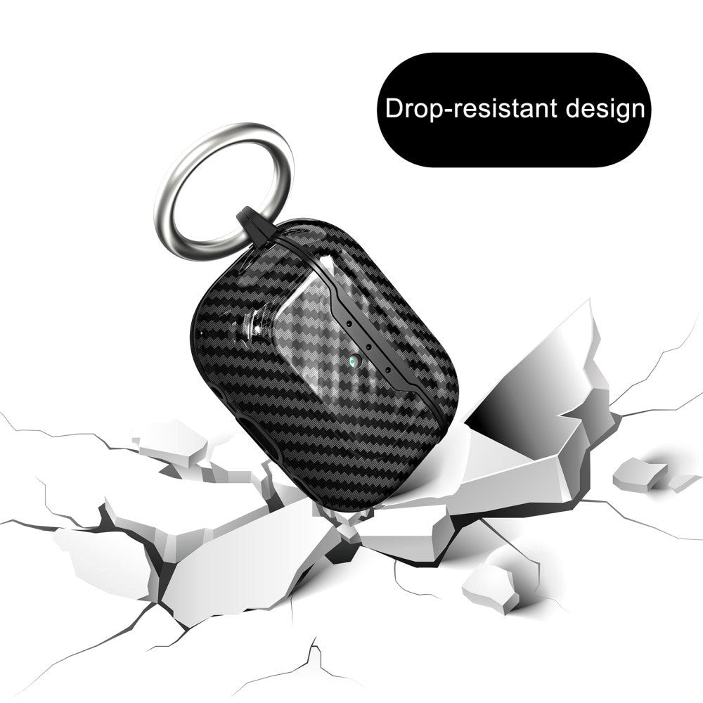 Apple AirPods Pro 2nd Gen (2022) Fleksibelt Plastik Cover m. Carbon Look & Nøglering - Sort