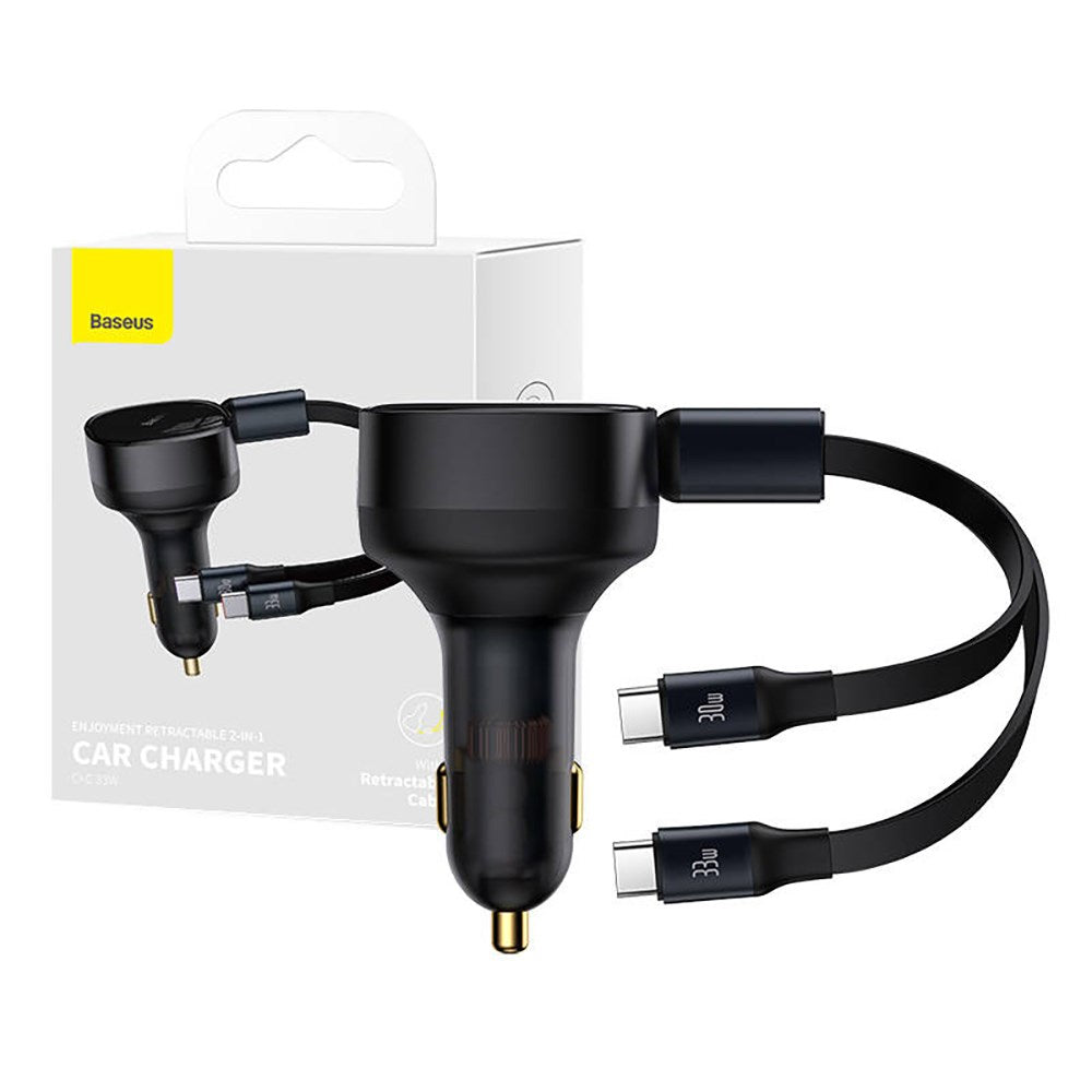 Baseus 33W Biloplader m. Udtrækkelig Ledning m. 2 x USB-C Kabel - Sort