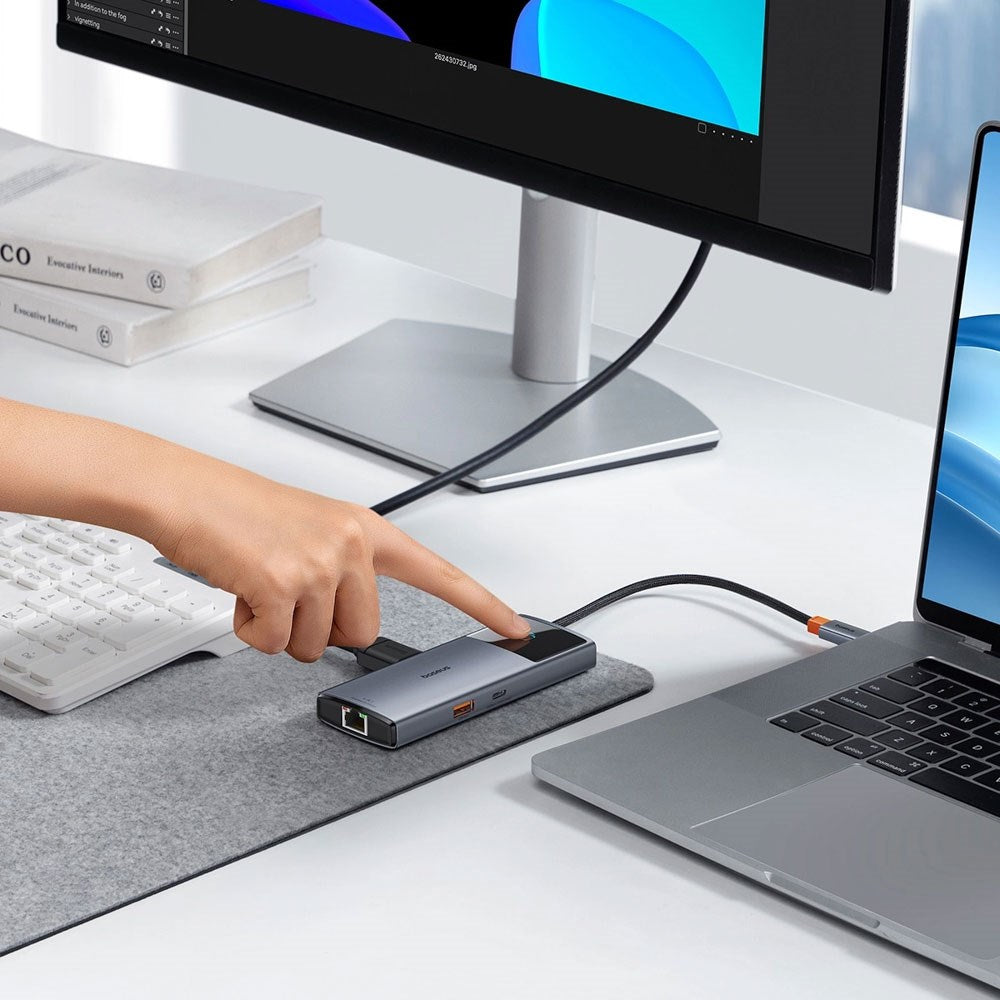 Baseus USB-C 6-i-1 Multiport Adapter m. 2 x USB-C 2 x USB-A 1 x HDMI 1 x RJ45 - Grå