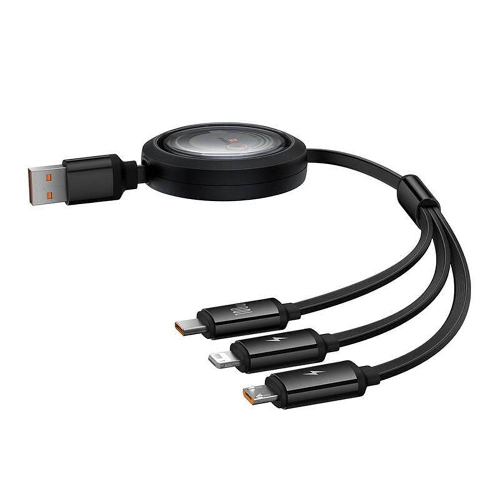 Baseus Free2Draw 3-i-1 Udtrækkeligt Multikabel - USB-A til USB-C / Lightning / Micro USB - 1.1m - Sort