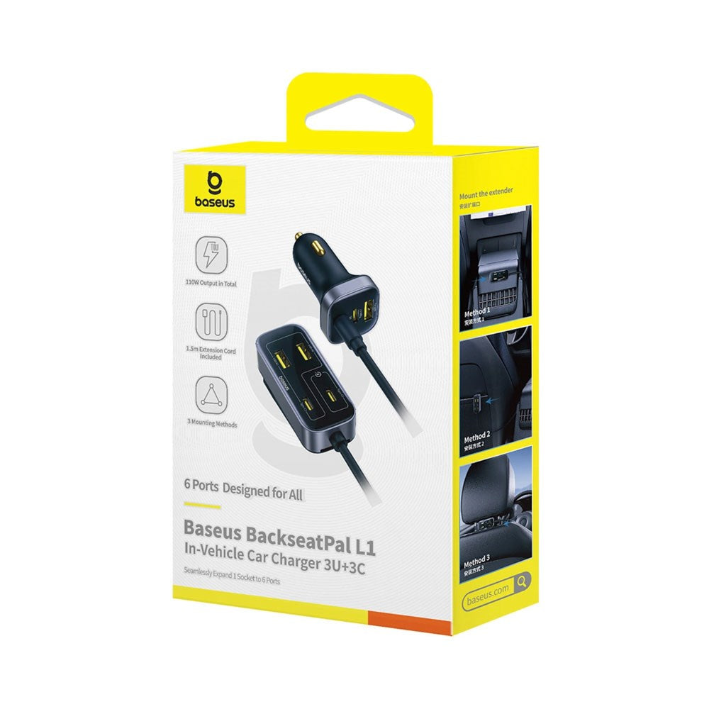 Baseus Multifunktionel Biloplader 110W m. 3 x USB-A & 3 x USB-C - 1.5m - Sort