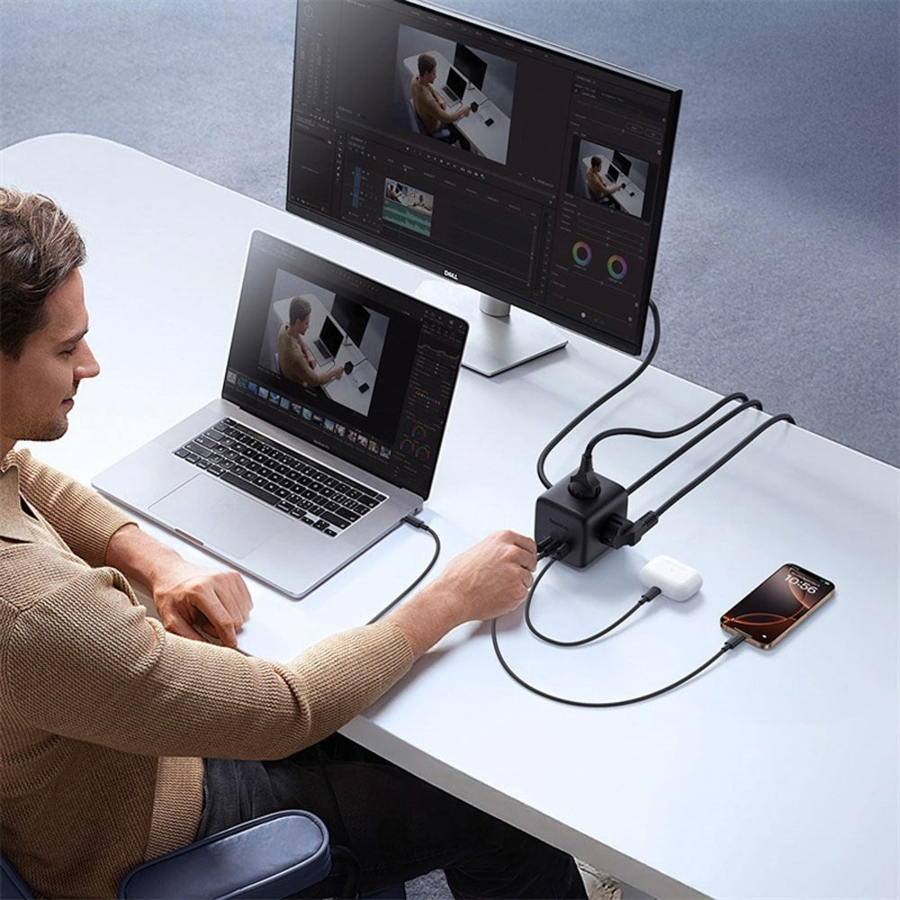 Baseus 67W Strømskinne m. 3 x Schuko - 2 USB-C - 1 x USB-A - 1.5m - Grå