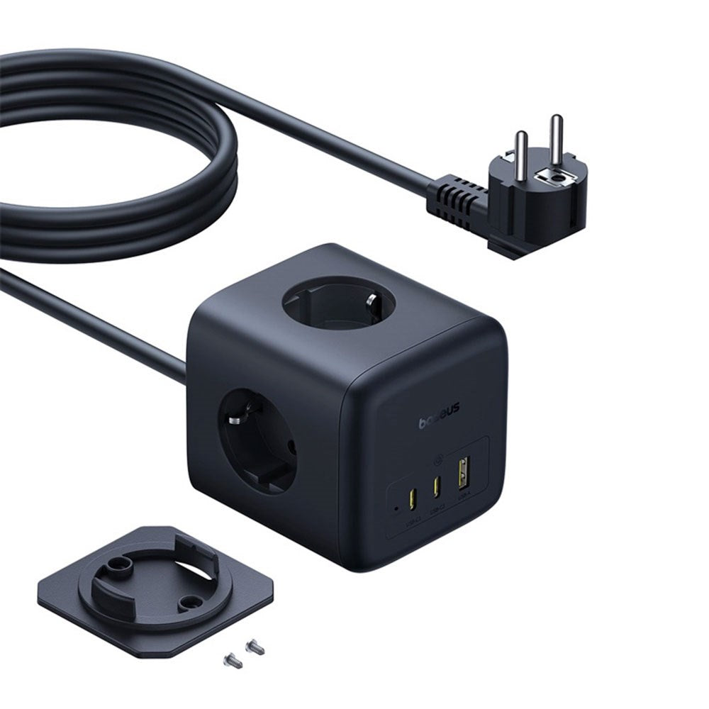 Baseus 67W Strømskinne m. 3 x Schuko - 2 USB-C - 1 x USB-A - 1.5m - Grå