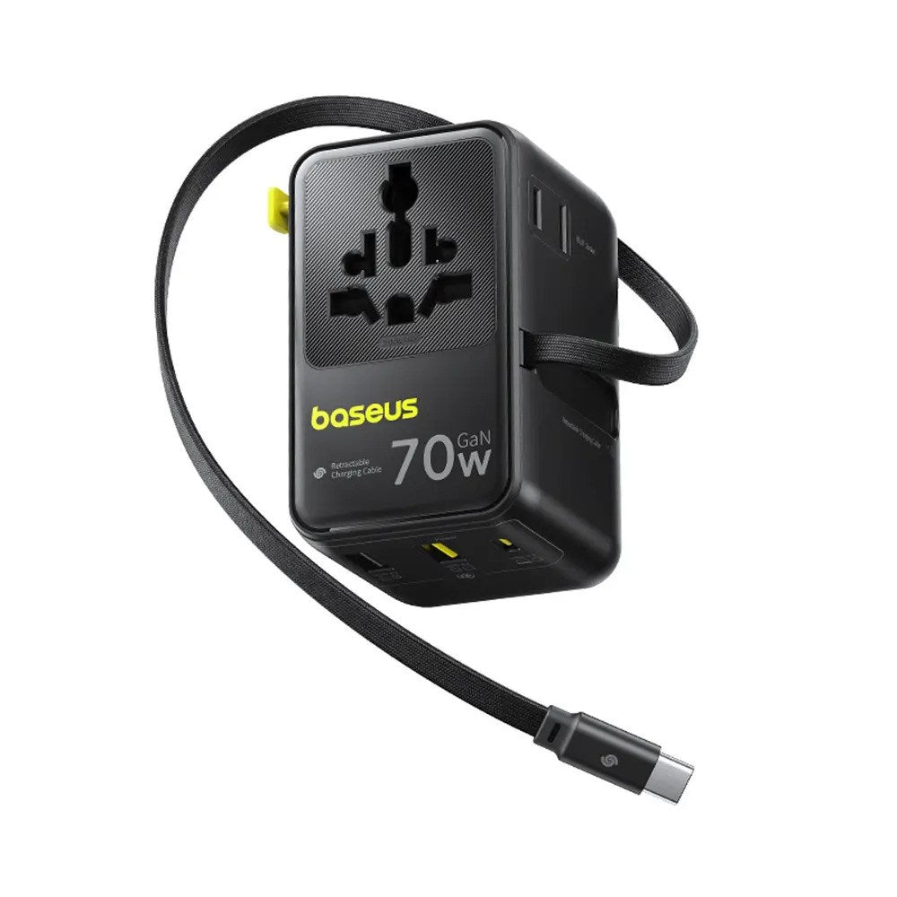 Baseus EnerCore 70W 6-i-1 Rejseadapter m. Udtrækkeligt USB-C Kabel - Sort