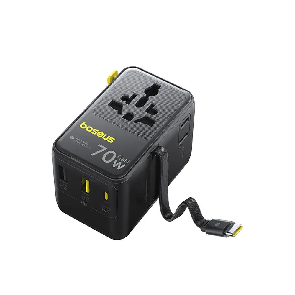 Baseus EnerCore 70W 6-i-1 Rejseadapter m. Udtrækkeligt USB-C Kabel - Sort