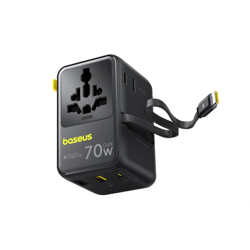 Baseus EnerCore 70W 6-i-1 Rejseadapter m. Udtrækkeligt USB-C Kabel - Sort