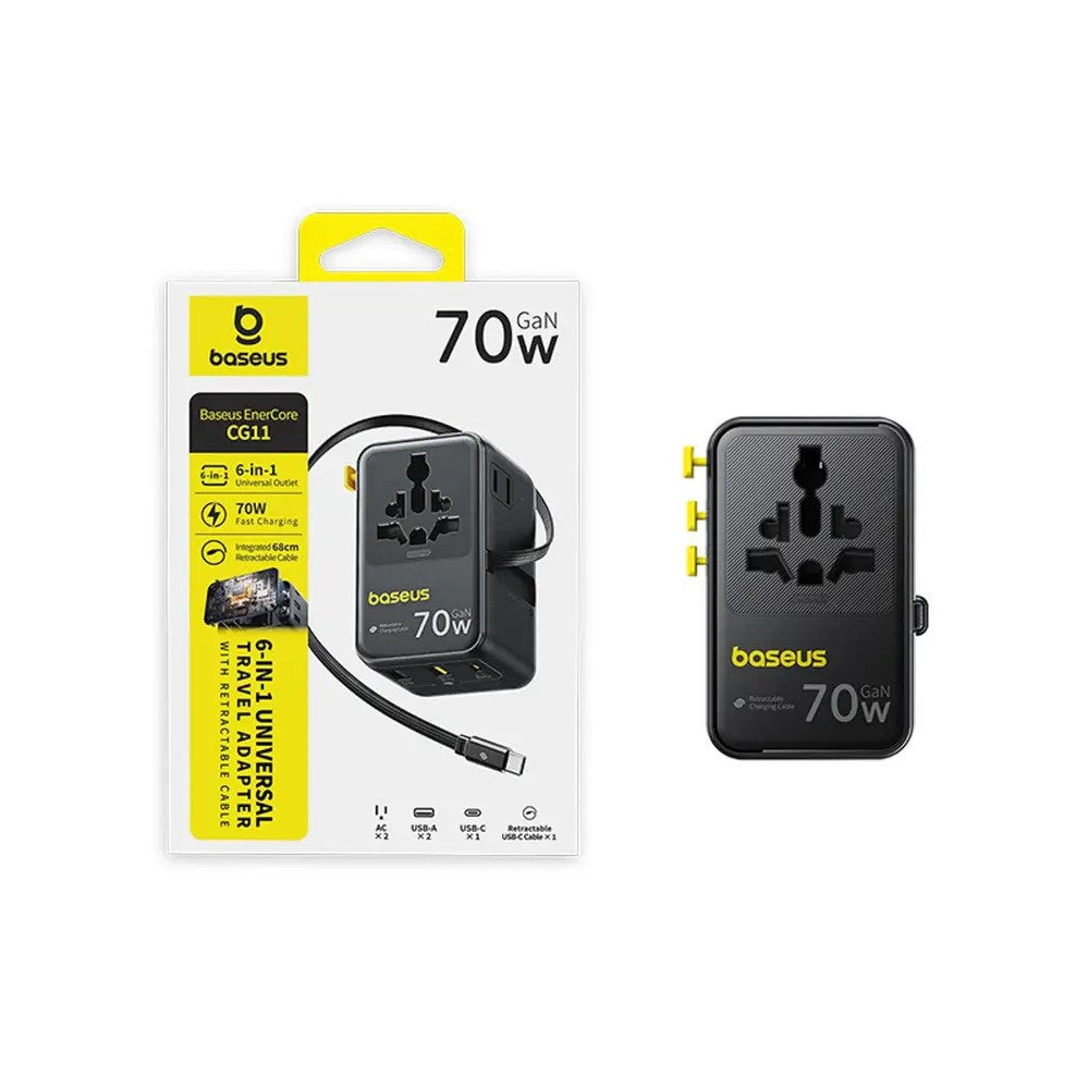 Baseus EnerCore 70W 6-i-1 Rejseadapter m. Udtrækkeligt USB-C Kabel - Sort