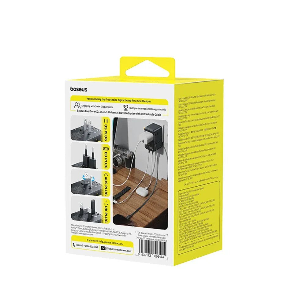 Baseus EnerCore 70W 6-i-1 Rejseadapter m. Udtrækkeligt USB-C Kabel - Sort