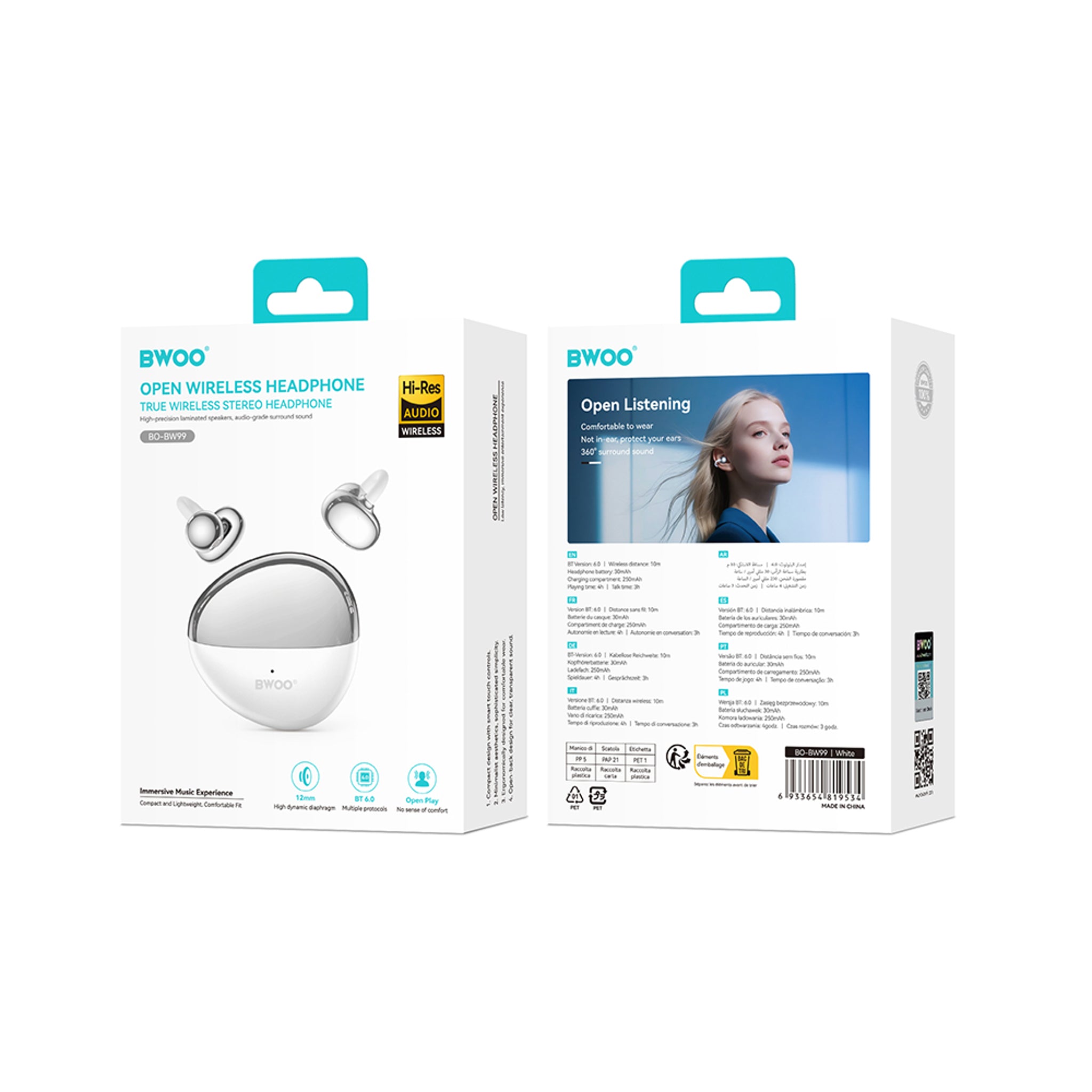 BWOO True Wireless Høretelefoner - Open-Ear - Grå