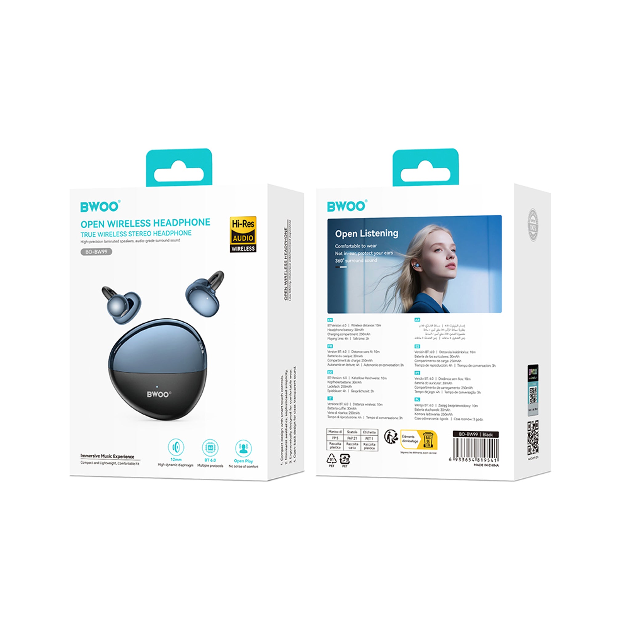 BWOO True Wireless Høretelefoner - Open-Ear - Sort