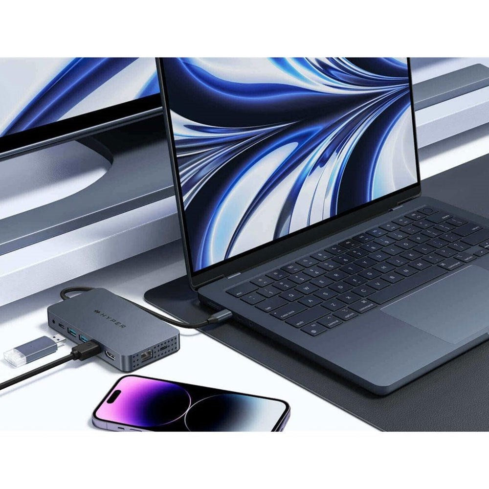 Hyper HyperDrive 10-i-1 USB-C Hub m. USB-A / USB-C / HDMI / Ethernet / 3.5mm Jackstik / SD- & MicroSD-Kort - Grå
