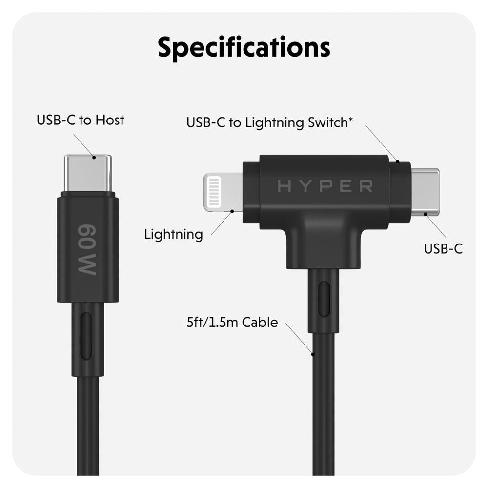 Hyper HyperJuice 60W 2-i-1 Hybrid Silikone USB-C til USB-C & Lightning Kabel - 1.5m - Sort