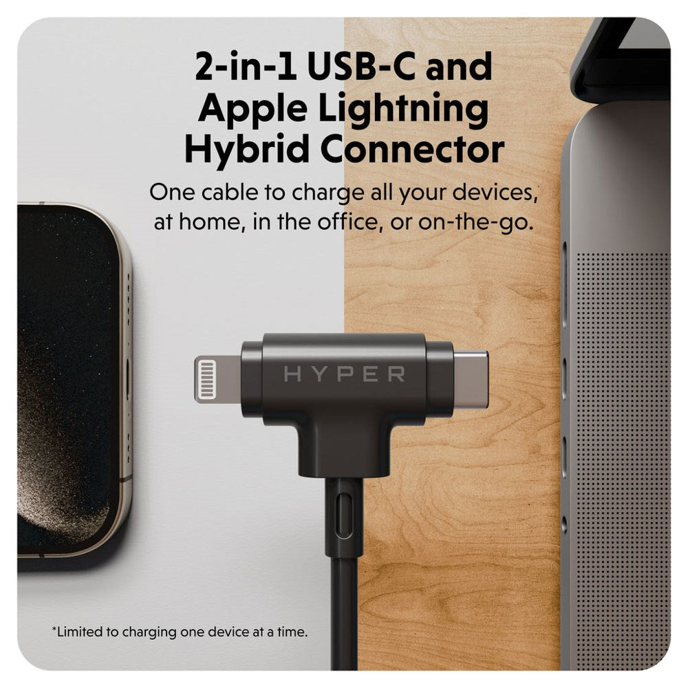 Hyper HyperJuice 60W 2-i-1 Hybrid Silikone USB-C til USB-C & Lightning Kabel - 1.5m - Sort