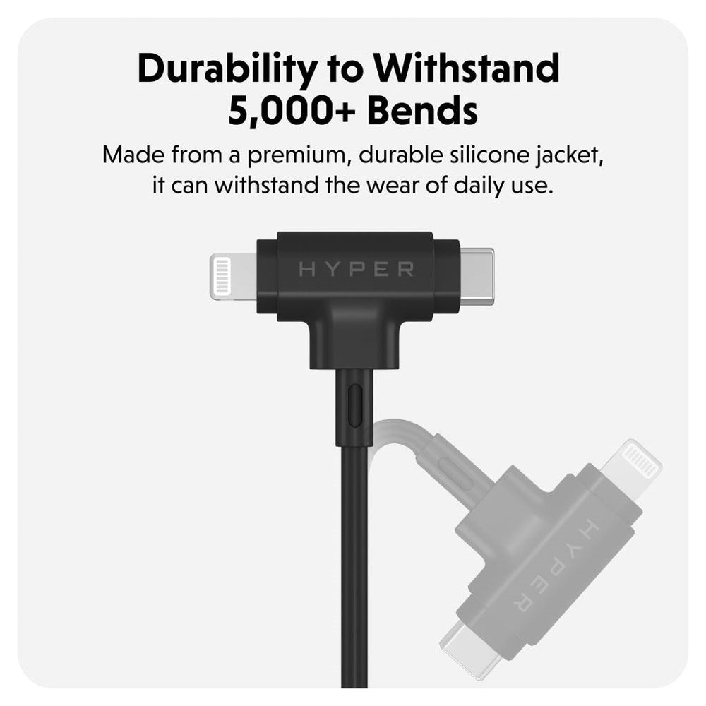 Hyper HyperJuice 60W 2-i-1 Hybrid Silikone USB-C til USB-C & Lightning Kabel - 1.5m - Sort