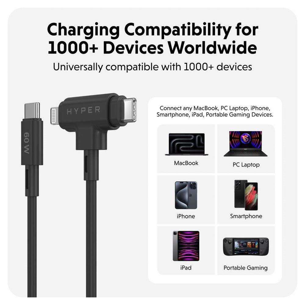 Hyper HyperJuice 60W 2-i-1 Hybrid Silikone USB-C til USB-C & Lightning Kabel - 1.5m - Sort