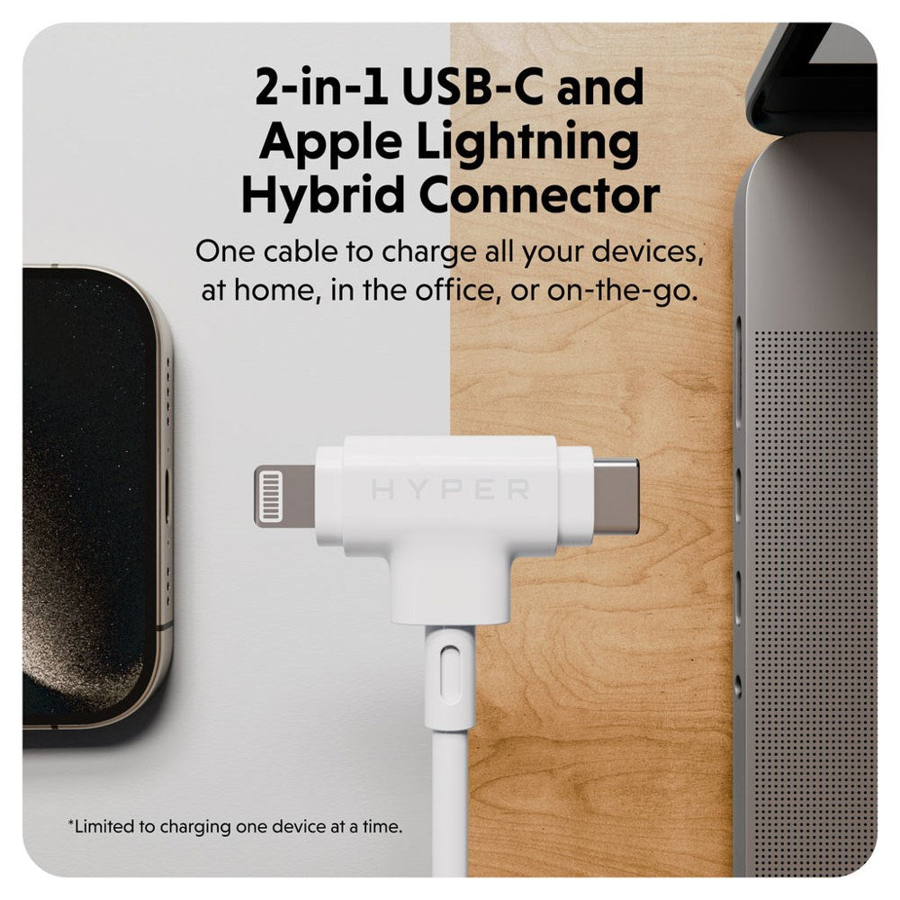 Hyper HyperJuice 60W 2-i-1 Hybrid Silikone USB-C til USB-C & Lightning Kabel - 1.5m - Hvid