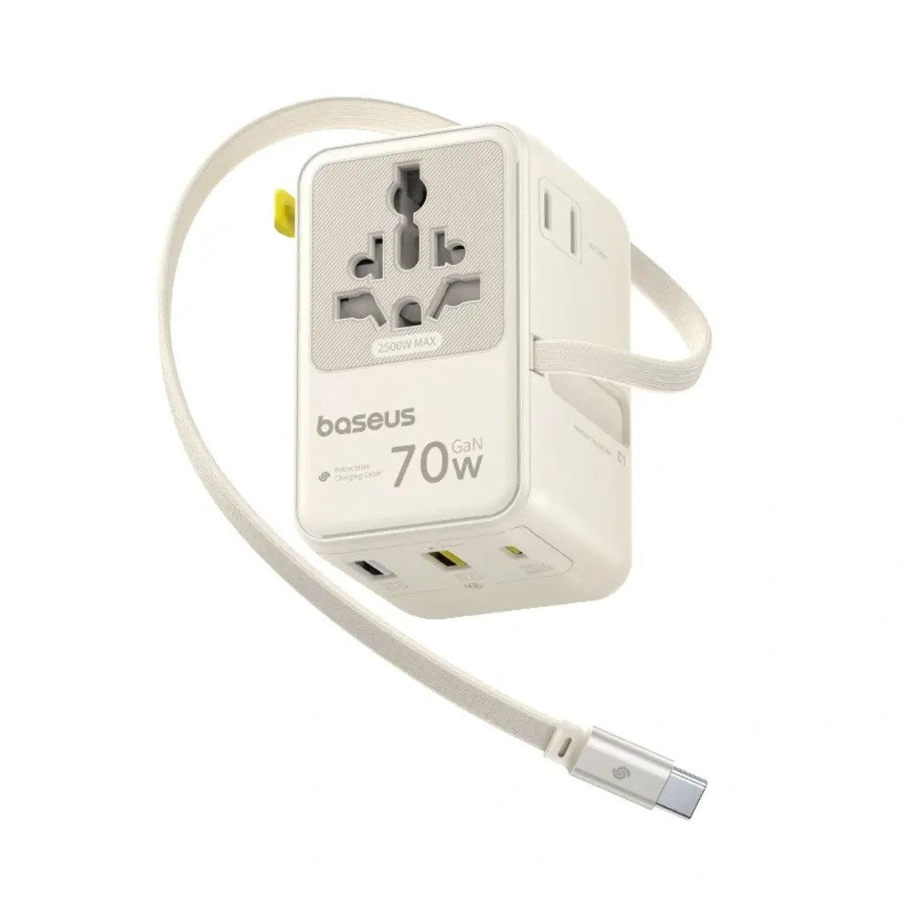 Baseus EnerCore 70W 6-i-1 Rejseadapter m. Udtrækkeligt USB-C Kabel - Hvid