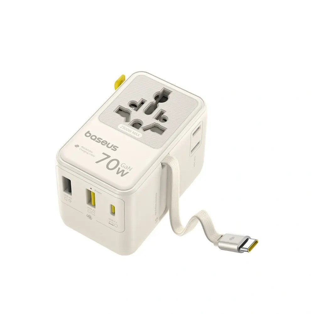 Baseus EnerCore 70W 6-i-1 Rejseadapter m. Udtrækkeligt USB-C Kabel - Hvid