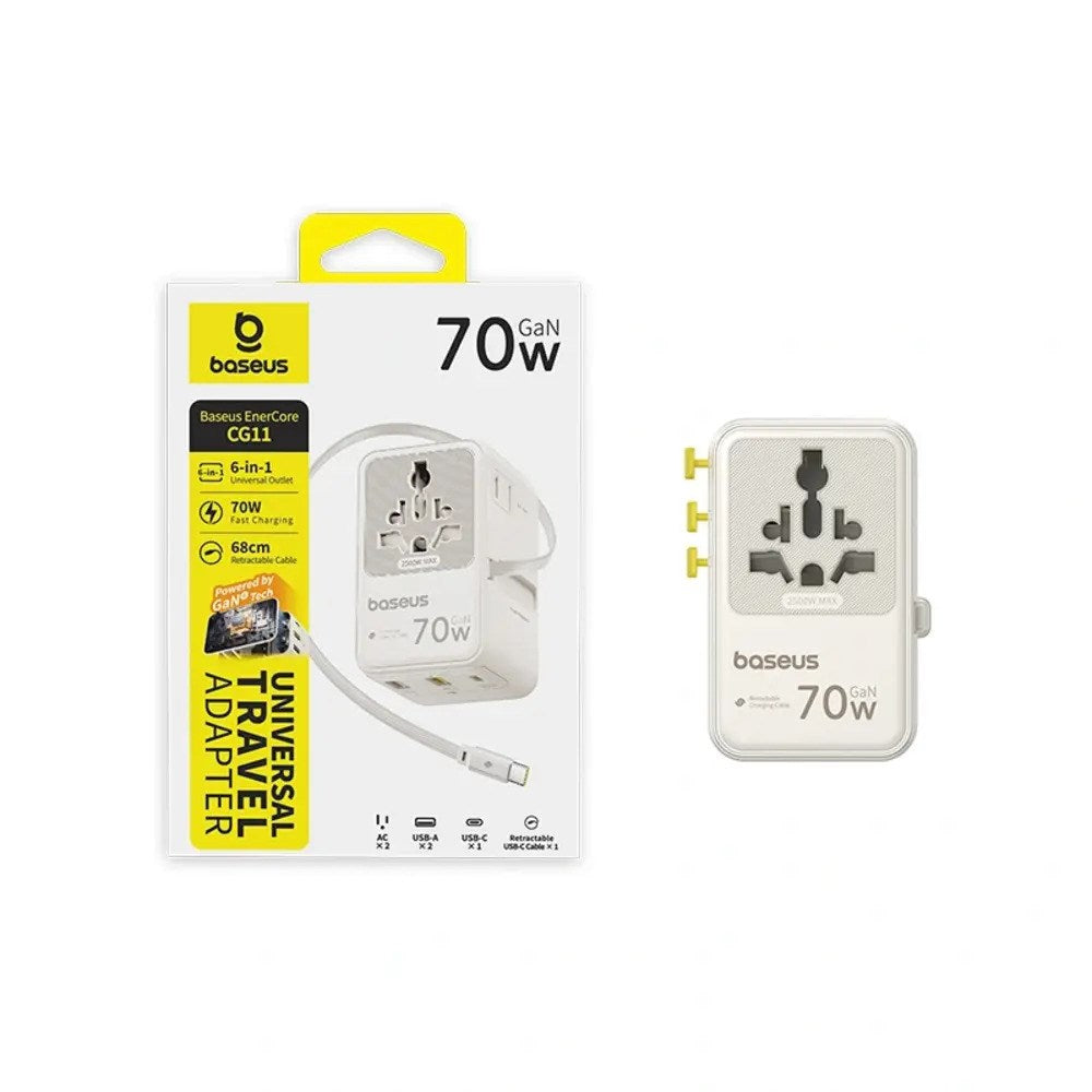 Baseus EnerCore 70W 6-i-1 Rejseadapter m. Udtrækkeligt USB-C Kabel - Hvid