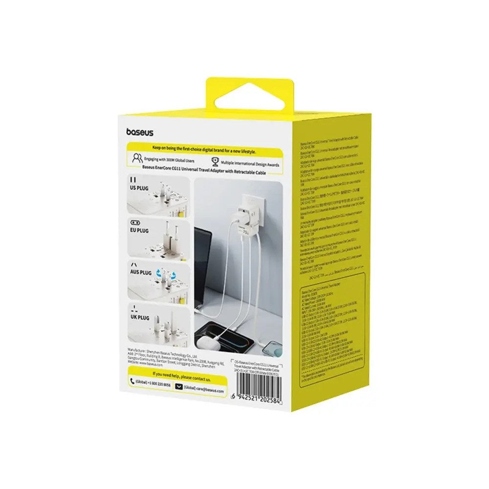 Baseus EnerCore 70W 6-i-1 Rejseadapter m. Udtrækkeligt USB-C Kabel - Hvid