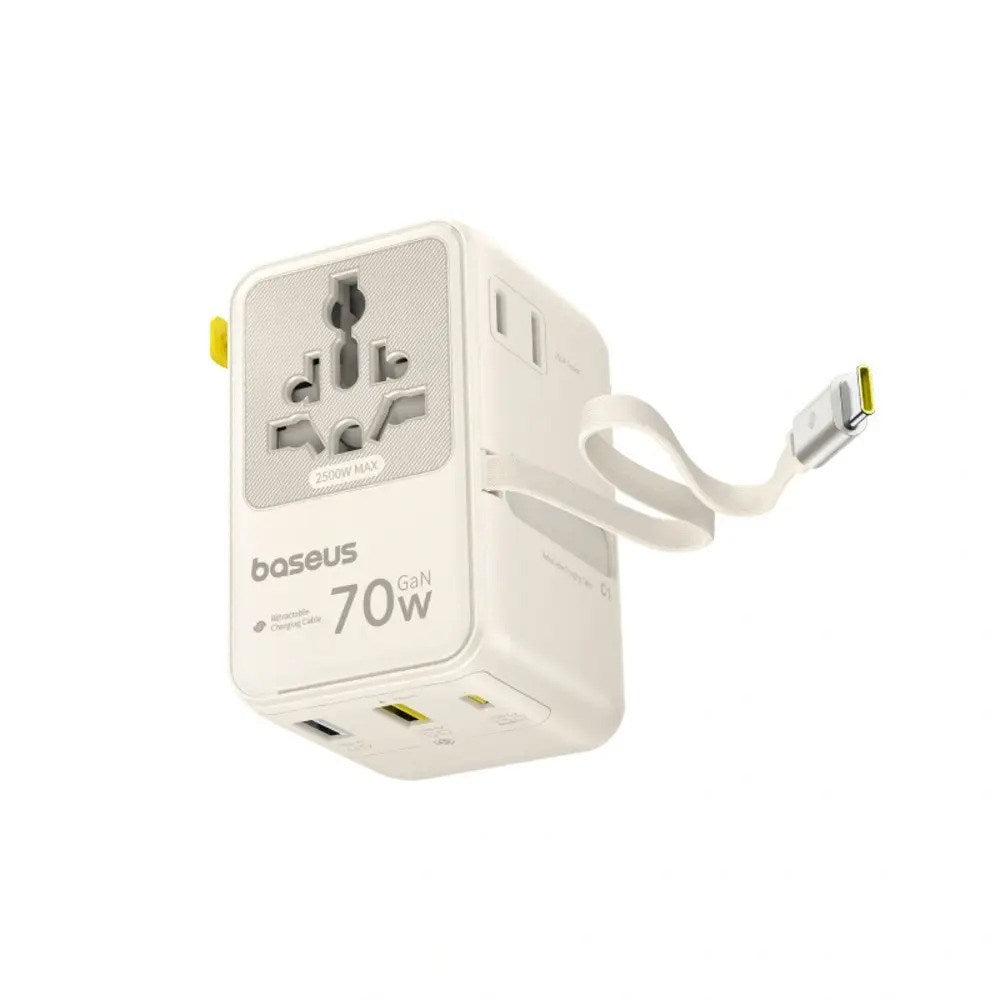 Baseus EnerCore 70W 6-i-1 Rejseadapter m. Udtrækkeligt USB-C Kabel - Hvid