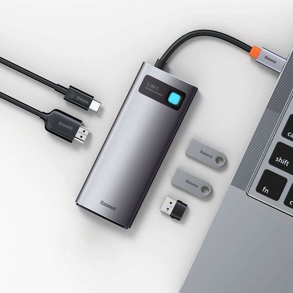 Baseus 5-i-1 USB-C Multiport Adapter m. 3 x USB-A 1 x USB-C 1 x HDMI - Grå