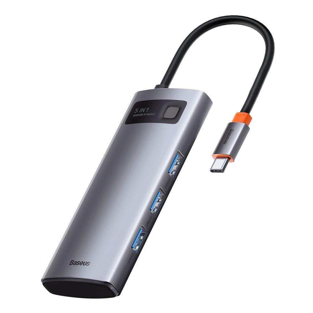 Baseus 5-i-1 USB-C Multiport Adapter m. 3 x USB-A 1 x USB-C 1 x HDMI - Grå