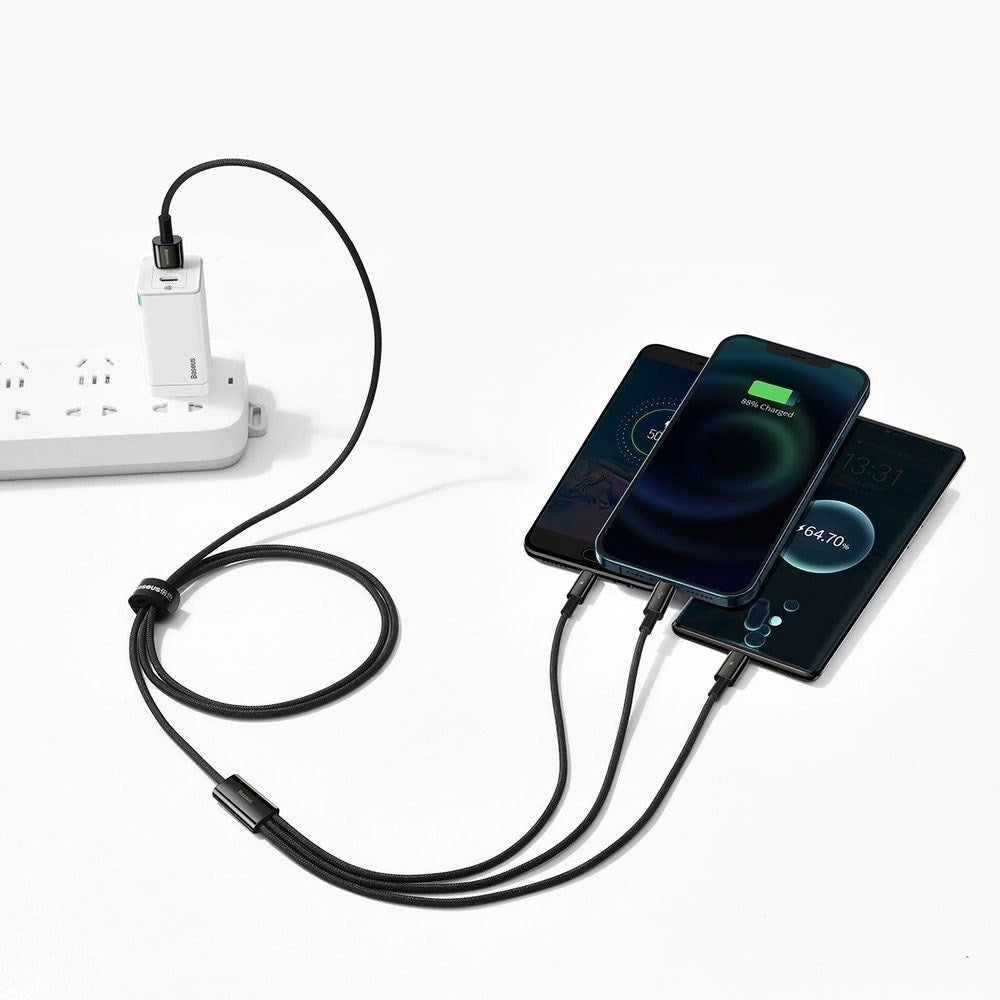 Baseus 3-in-1 USB-A Multikabel m. 1 x USB-C 1 x Lightning 1 x Micro USB - 1.5m - Sort