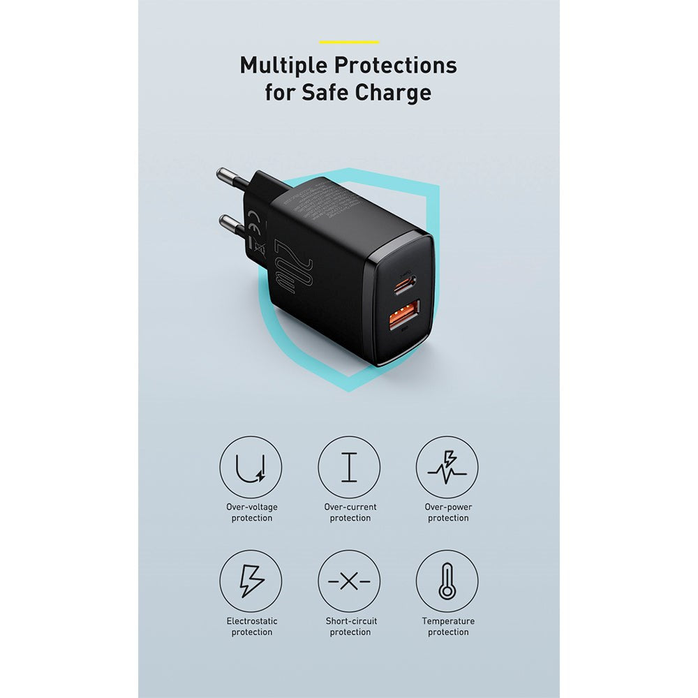 Baseus Compact 20W Vægoplader USB-C / USB-A Quick Charge - Sort