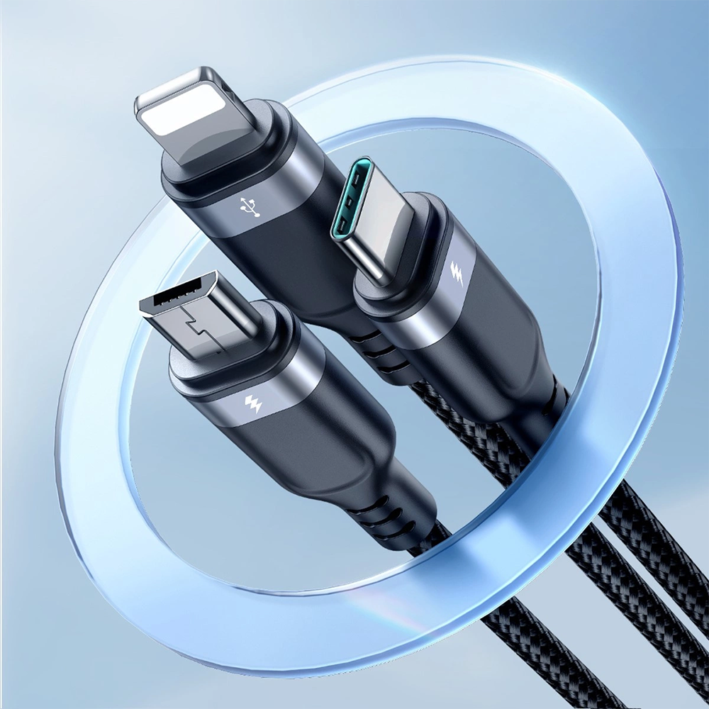 Joyroom Multi-Use 3-i-1 USB-C / Lightning / Micro USB Nylon Kabel - 30cm - Sort