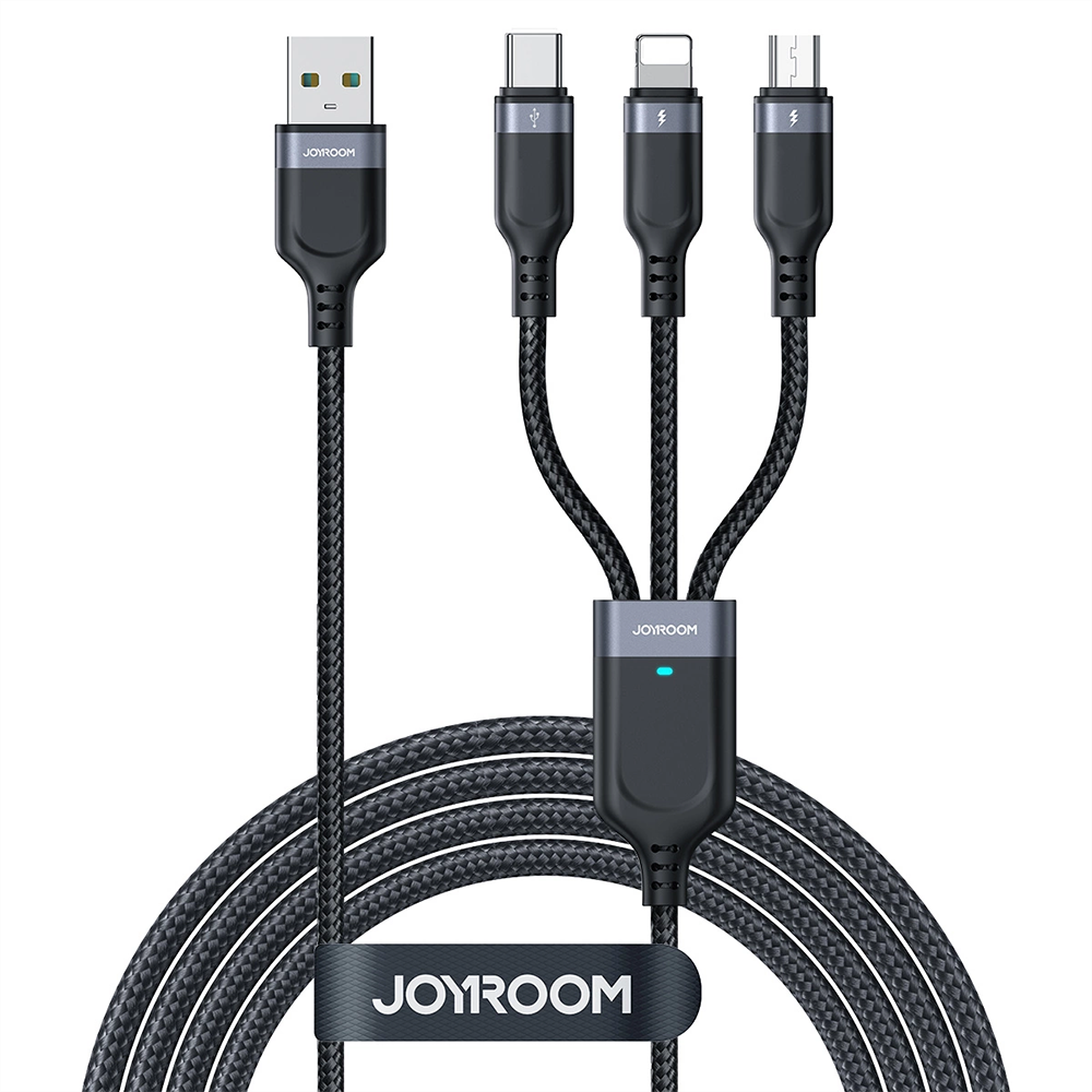 Joyroom Multi-Use 3-i-1 USB-C / Lightning / Micro USB Nylon Kabel - 30cm - Sort