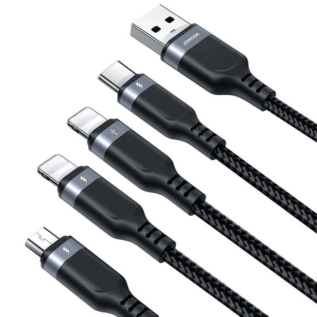 Joyroom Multi-Use 4-i-1 USB-C / Lightning (2 stk) / Micro USB Nylon Kabel 1.2m - Sort